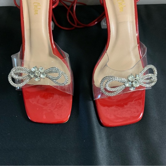 Square toe bow rhinestone clear lace up heels - Picture 2 of 7
